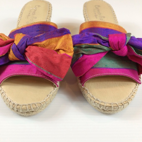 Carmen Saiz Espadrille Wedge Slide Sandals Bright Colorful Silk w/ Bow sz 39/8 - Picture 3 of 8